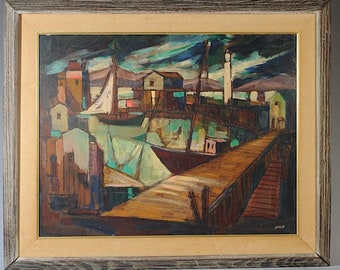 Original Vintage Mid 20th Century Abstract Oil/Board-Cubist Harbor Scene-Signed