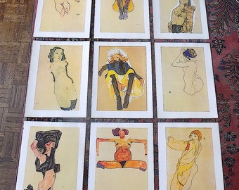 Vintage 20th Century Signed Egon Schiele Expressionist Female Figural Lithographs - Set of 9