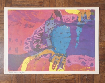 Vintage, abstracte lithografie uit het midden van de 20e eeuw, zus Mary Corita Kent: 'schat verborgen in een veld'