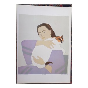 Vintage signerad/betitlad Will Barnet litografi "Kvinna med vit katt"