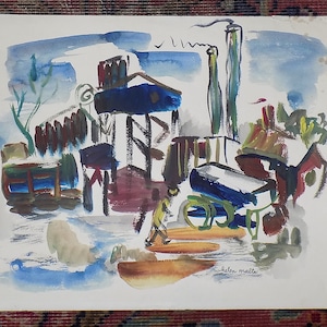 Vintage Original Mid 20th Century Listed WPA Artist Signed Abstract Expressionist Industrial Cityscape