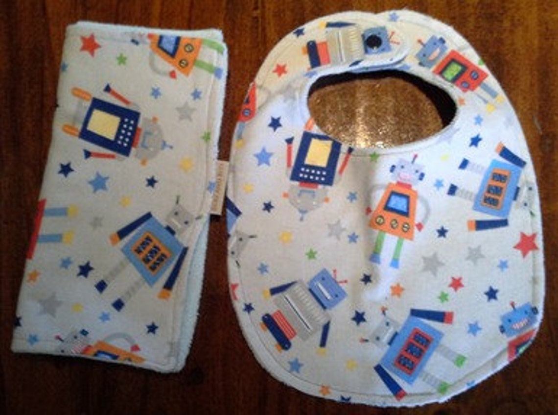 Baby Boy Bib and Burp Cloth Set Robots Etsy