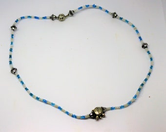 Light Blue And White Beaded Necklace With Magnetic Clasp