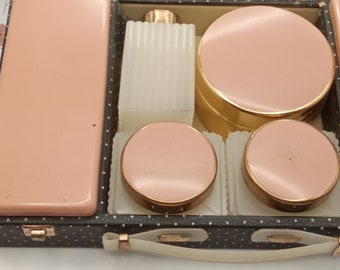 Vintage Polka Dot Pink Enamel Vanity Set Boxed ,Pink,Art Deco Dressing table set,Vanity case,1950's