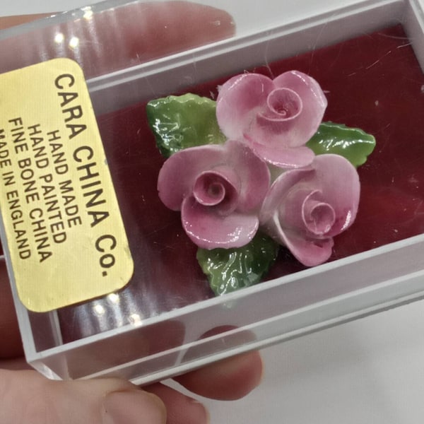 Vintage Cara China Boxed Flower Brooch Perfect, Staffordshire Made In England, Porcelain Brooch, Fine Bone China,Pink Roses