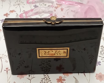 Entouka Art Deco Carryall 1930s Black Enamel Art Deco Handle Trio  Compact, Lipstick and Powder,Cigarettes,Initials W.R Vintage MakeUp