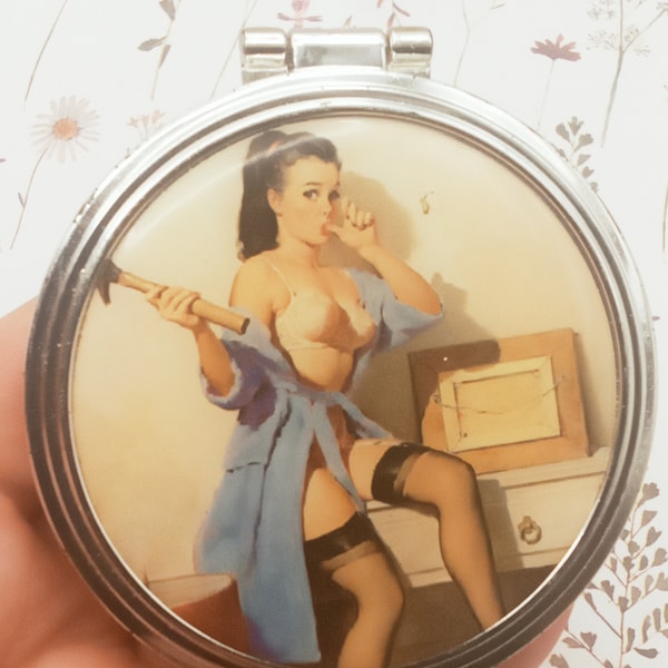 Vintage 1960s Glamour Girl Doppel Spiegel Compact versilbert,Retro Girl,Risque,Geschenk für Sie