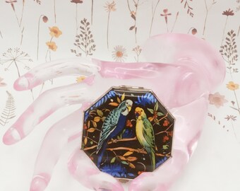 Art Deco 1930s Gwenda Enamel Tap Flap Compact New Old Stock, Butterfly Wing Foiled Backed Budgerigars Parakeets 5X5cm