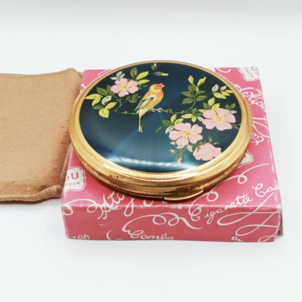 Anni '50 Vintage KiguGoldtone Cardellino Design PowderCompact Boxed ,7 1/2cm Regalo per lei,Vintage compatto,Made In England,Stratton, Melissa,