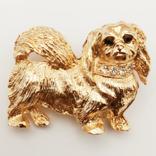 chien pékinois vintage, Goldtone Diamante, broche de chien, broche animale des années 1950 60