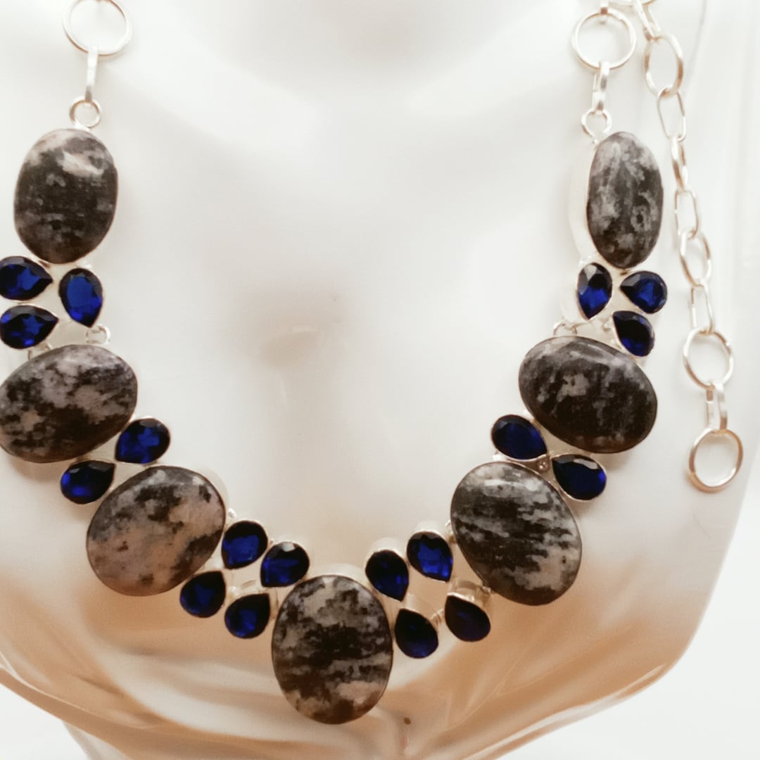 Huge Vintage Costume Retro Necklace Blue Tone Agate/jasper, Bohemian