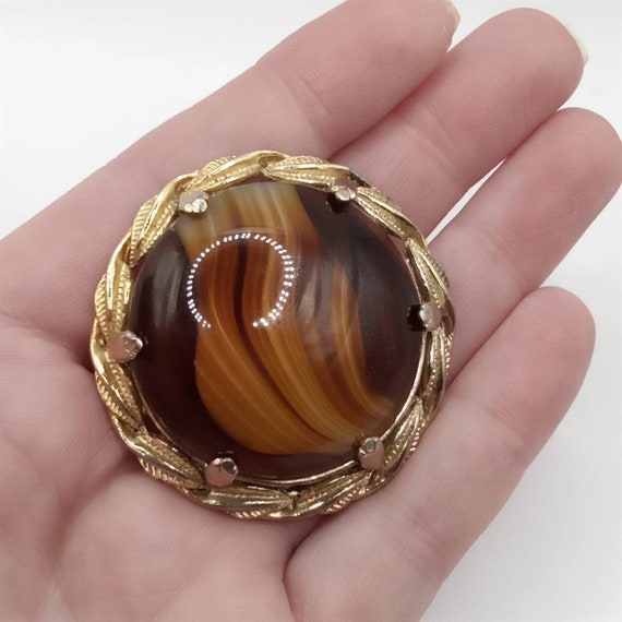 1960s Vintage Brooch Brown Banded Glass Chunky Br… - image 1