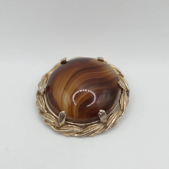 1960s Vintage Brooch Brown Banded Glass Chunky Br… - image 5