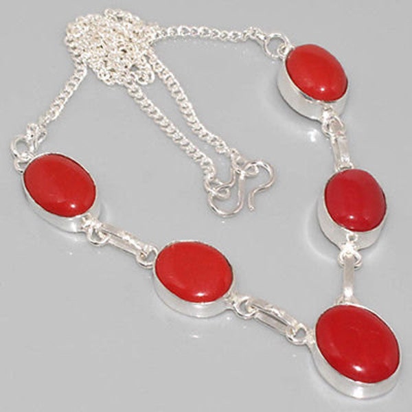 17"Red Coral 925 Sterling Silver Necklace -  Natural Coral Necklace -Shell jewelry-Red Bridal Necklace-Simple Everyday Necklace UK Seller