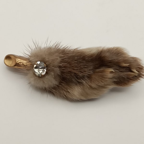 1950s Vintage Lucky Rabbits paw Brooch Natural Colour With Goldtone Ornate stem and Rhinestone, Scottish Mizpah Brooch,