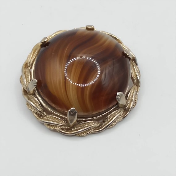 1960s Vintage Brooch Brown Banded Glass Chunky Br… - image 3