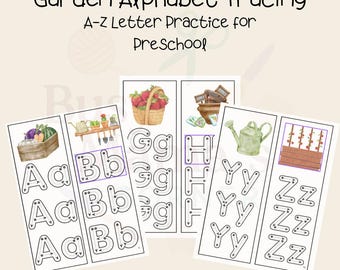 Schede di lavoro per tracciare l'alfabeto in giardino / Esercizi sulle lettere per la scuola materna / Scrittura a mano dalla A alla Z stampabile / Attività di apprendimento per bambini piccoli / Scrittura per la scuola domestica