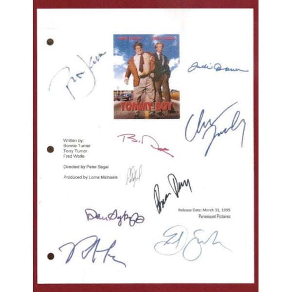 Tommy Boy Movie Script Autographed Signed: Chris Farley, David Spade, Bo Derek, Rob Lowe, Dan Aykroyd, Brian Dennehy, Ron James