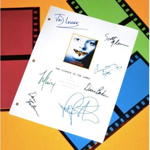 May include: A white script with the movie title "The Silence of the Lambs" and signatures in blue ink. The script has a movie poster image and is set against a colorful background with film strip borders.