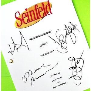 May include: A white script with the title "Seinfeld" in a yellow oval. The script is for the pilot episode of the show, "The Seinfeld Chronicles". The script is signed by Jerry Seinfeld, Larry David, and Julia Louis-Dreyfus.