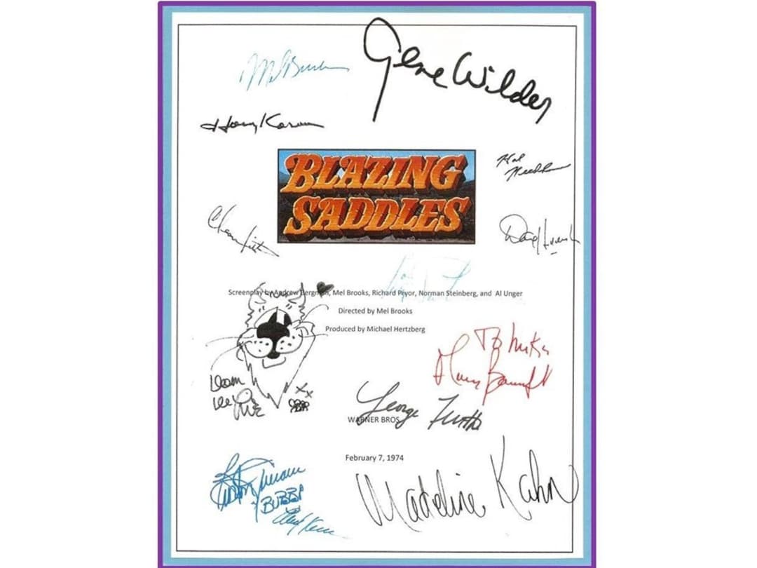 Blazing Saddles Signed Script 12x Gene Wilder, Cleavon Little, Madeline