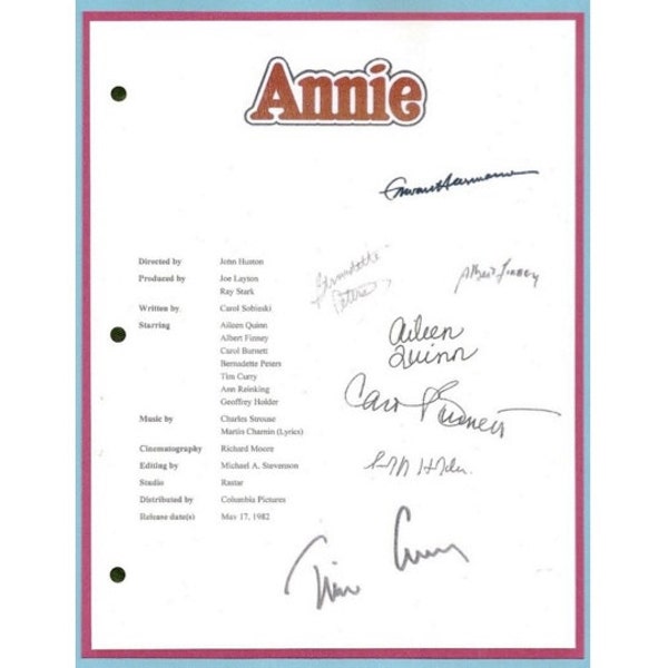 Annie Movie Script Screenplay Autographed Aileen Quinn, Albert Finney, Carol Burnett, Bernadette Peters, Tim Curry, Geoffrey Holder