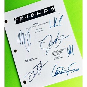 May include: A white script for the TV show "Friends" episode "The One With The Baby On The Bus" with signatures from the cast and crew. The script is dated September 14, 1995.