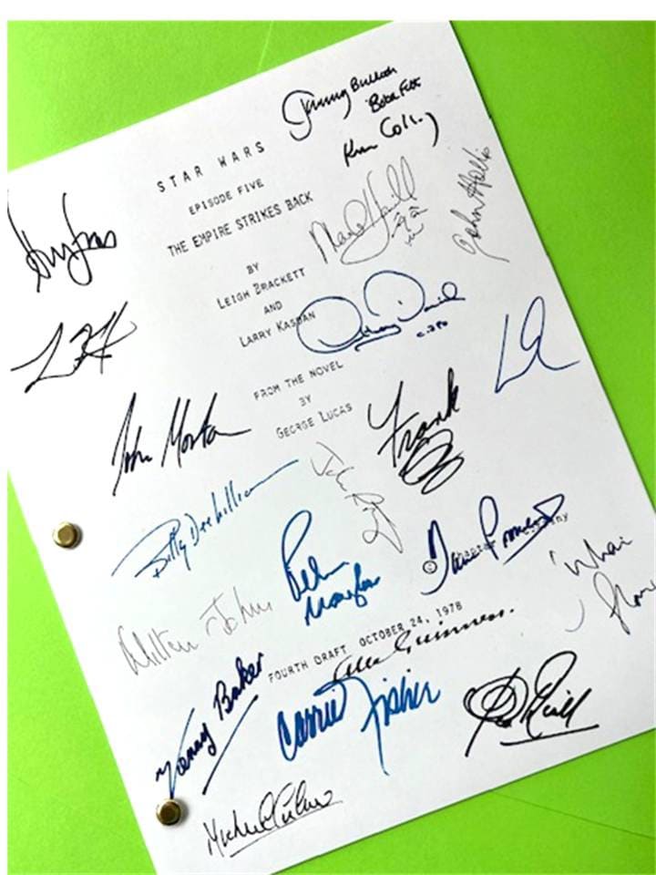 Star Wars The Empire Strikes Back Movie Script Signed Harrison Ford, Carrie Fisher, Anthony Daniels, George Lucas, Peter Mayhew, + more