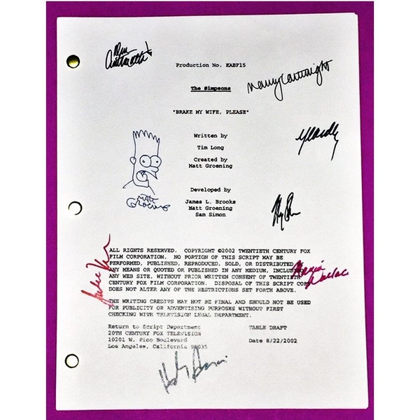 The Simpsons Brake My Wife, Please SCRIPT signed Dan Castellaneta, Julie Kavner, Hank Azara, Nancy Cartwright