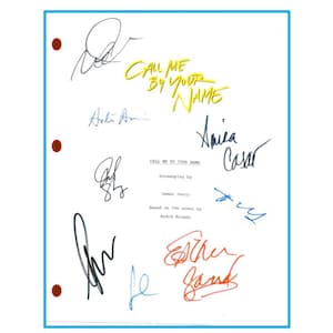 May include: A white page with a title that reads "CALL ME BY YOUR NAME" in yellow text. The page is signed by several people, including Armie Hammer, Timothée Chalamet, and Luca Guadagnino.