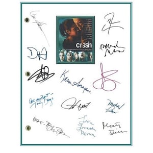 May include: A white sheet of paper with a movie poster for the film "Crash" and signatures from the cast and crew. The signatures include: Don Cheadle,  Ludacris,  Sandra Bullock,  Matt Dillon,  Brendan Fraser,  Thandie Newton,  Terrence Howard,  Jennifer Esposito,  Ryan Phillippe,  and  Michael Pena.