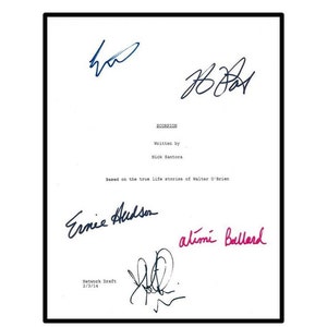 May include: A white page with black text and several signatures. The text reads "Scorpion", "Written by Nick Santora", "Based on the true life stories of Walter O'Brien", "Network Draft 2/3/14". The signatures are "Ernie Hudson", "alimi Ballard", and two other illegible signatures.