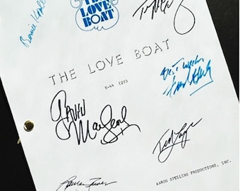 May include: A white script with the title "THE LOVE BOAT" and the episode number "8-44 (23)". The script is signed by several people, including Gavin MacLeod, Jill Whelan, Ted Wass, and Aaron Spelling.