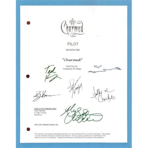 May include: A white page with the title "Charmed" and the words "Pilot" and "Season One". The page also includes the text "Written by: Constance M. Berge" and several signatures.