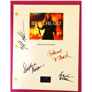 May include: A white script page with a movie poster for the film "Braveheart" featuring Mel Gibson. The page is signed by Mel Gibson, Catherine McCormac, Sophie Marceau, and  Brenda Fricker.