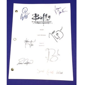 May include: A white script for the TV show "Buffy the Vampire Slayer" episode "Hush" signed by the cast and crew. The signatures include Joss Whedon, Sarah Michelle Gellar, Alyson Hannigan, David Boreanaz, and James Marsters.