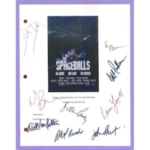 May include: A signed script for the movie Spaceballs, featuring the movie poster and signatures from Mel Brooks, John Hurt, Rick Moranis, Bill Pullman, Joan Rivers, and  the text "Written by Mel Brooks and Thomas Meehan" and "Directed by Mel Brooks".