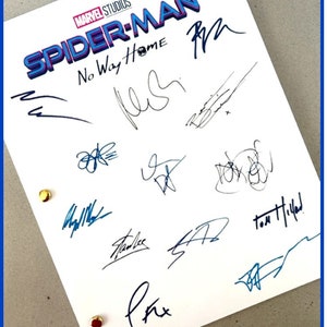 May include: A white script page with the title "SPIDER-MAN No Way Home" in blue and purple lettering. The page is signed by multiple people, including Tom Holland.