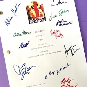 May include: A white script page with the title "Outer Banks" and the episode title "TBO". The page is signed by the cast members: Chase Stokes, Madelyn Cline, Madison Bailey, Jonathan Daviss, Rudy Pankow, Austin North, and  Cullen Moss. The page also includes the names of the writers and creators of the show: Shannon Burke, Josh Pate, and Jonas Pate.