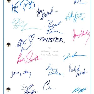 May include: A white sheet of paper with the title "TWISTER" written in black ink. The paper is signed by several people, including Michael Crichton and Anne-Marie Martin.