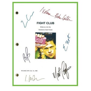 May include: A white Fight Club movie script with signatures from the cast and crew, including Brad Pitt, Edward Norton, Helena Bonham Carter, and others. The script is dated October 15, 1999.