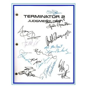 May include: A white script page from the movie "Terminator 2: Judgment Day" with multiple autographs, including Linda Hamilton, Arnold Schwarzenegger, and Edward Furlong.