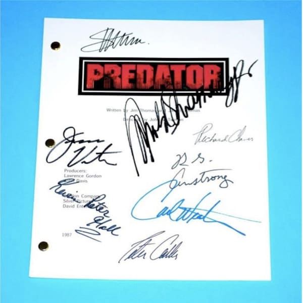 Predator Movie Signed Script Screenplay Autographed: Arnold Schwarzenegger, Carl Weathers, Richard Chaves, R.G. Armstrong, Peter Cullen