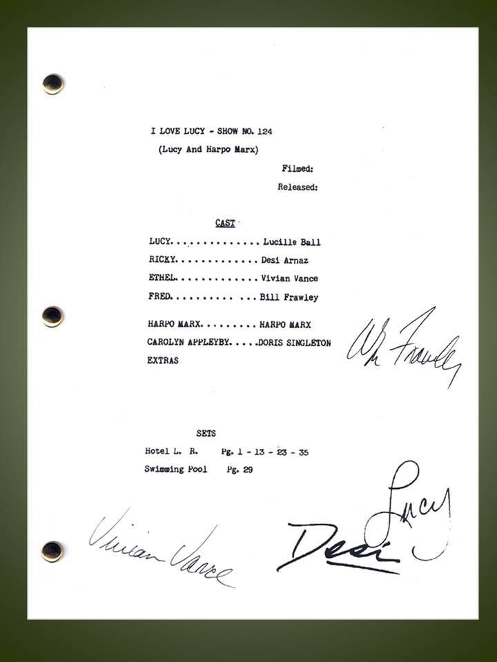 I Love Lucy TV Script Harpo Marx Signed Lucille Ball, Desi Arnaz ...
