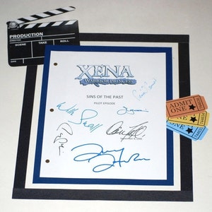 May include: A blue and white script for the TV show "Xena: Warrior Princess" with the episode title "Sins of the Past" and the words "Pilot Episode". The script is signed by several people, including Lucy Lawless, Renee O'Connor, and the show's creator,  Robert Tapert. There are also three "Admit One" tickets.