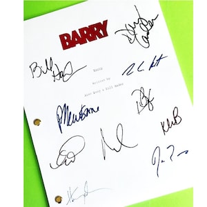 May include: A white script with the title "BARRY" in red block letters, featuring multiple signatures in black ink. The script is held together with brass fasteners and set against a bright green background.