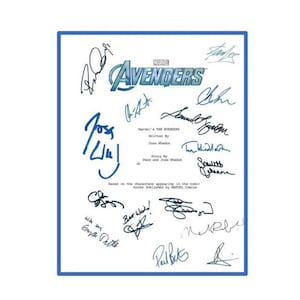 May include: A white sheet of paper with the Marvel logo and the word "Avengers" in blue. The paper is signed by various people, including Joss Whedon, Stan Lee, and others.