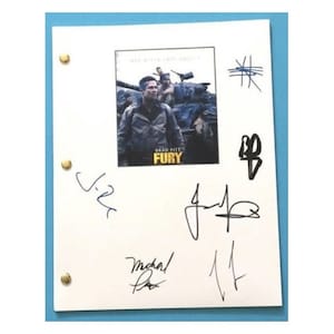 May include: A white script cover with a black and white photo of Brad Pitt in the movie "Fury". The cover is signed by Brad Pitt, Shia LaBeouf, Michael Pena, and Jon Bernthal.