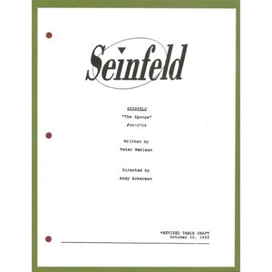 May include: A black and white script font title card for the TV show "Seinfeld" with the episode title "The Sponge" and the episode number 404-0709. The card also includes the names of the writer, Peter Mehlman, and the director, Andy Ackerman. The card is dated October 10, 1995.
