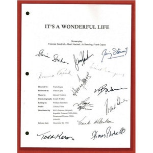 May include: A black and white script for the movie "It's a Wonderful Life" with signatures from the cast and crew, including Donna Reed, James Stewart, Frank Capra, and Todd Harris.